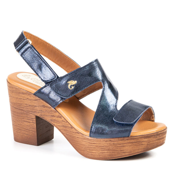 DONNA sandale bleue métallique à talon imitation bois