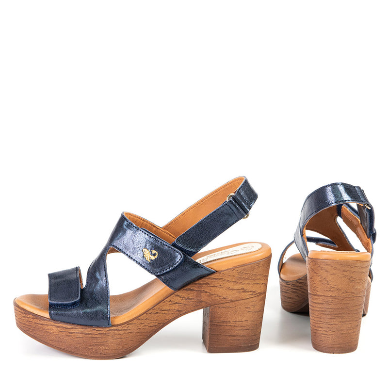 DONNA sandale bleue métallique à talon imitation bois 8,5 cm