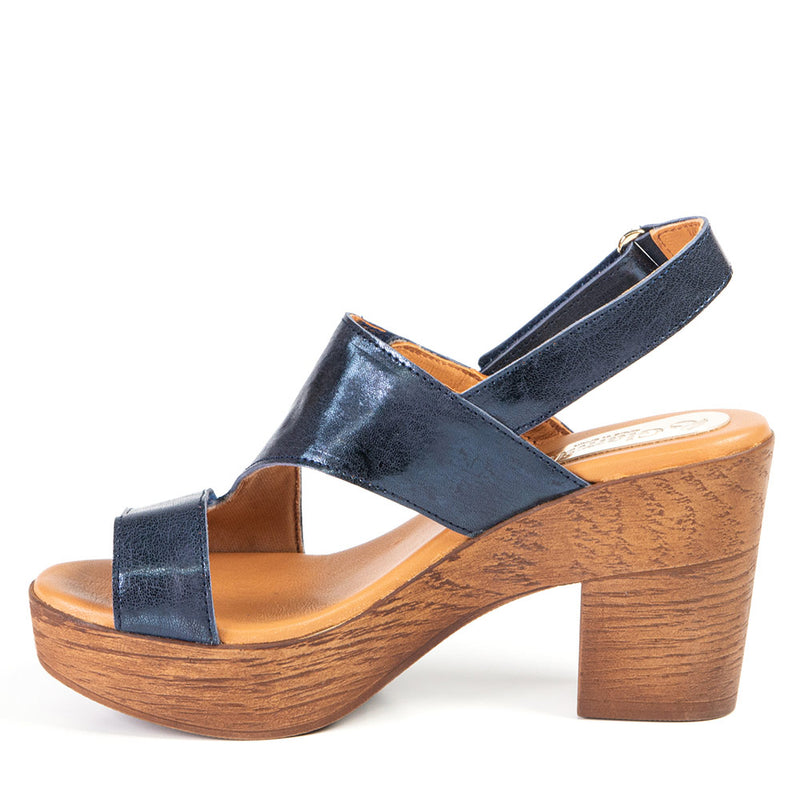 DONNA sandale bleue métallique à talon imitation bois 8,5 cm