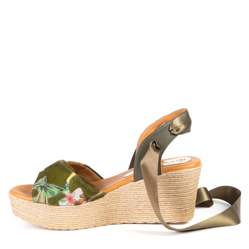 LAUREN sandale compensée à rubans olive 7 cm