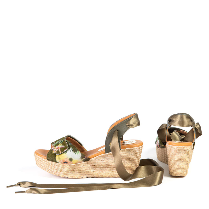 LAUREN sandale compensée à rubans olive 7 cm